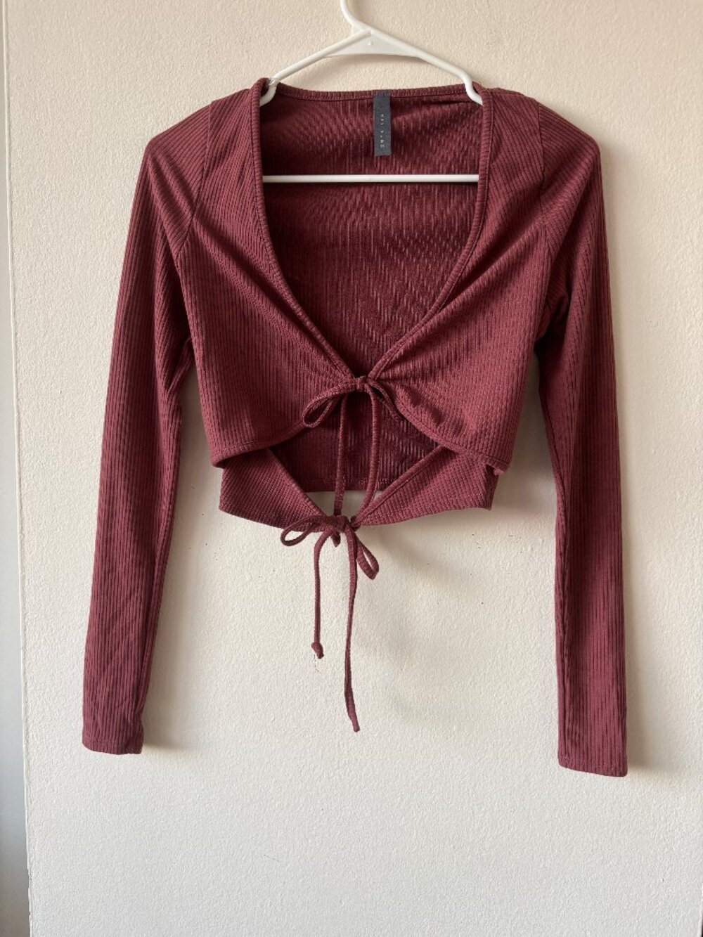 May Pink Tie Front Long Sleeve Crop Top - Size Medium